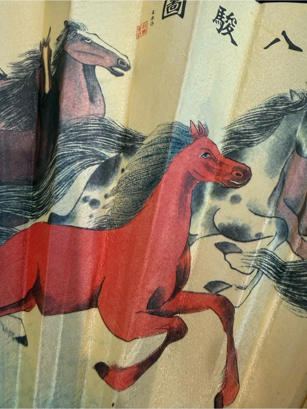 Vintage Chinese 8 Running Horses silk folding fan